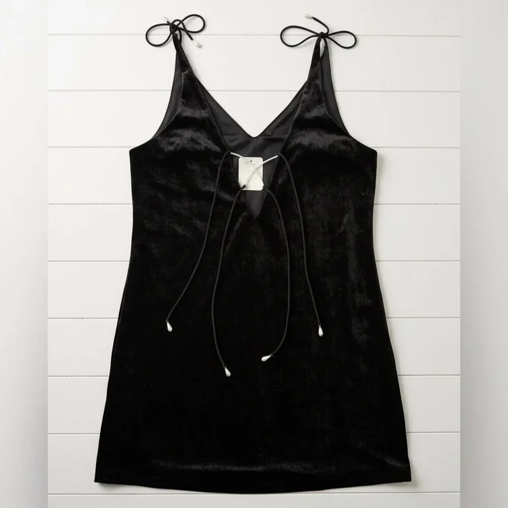 NWT Native Daughters Elegant Black Velvet Slip Dress – Pearl Back Detail Min Lux